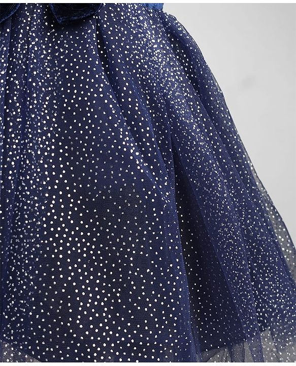 Babyhug Woven Solid Velour York and Foil Printed Mesh Half Puff Sleeves Party Dress with Corsage Bow - Navy Blue