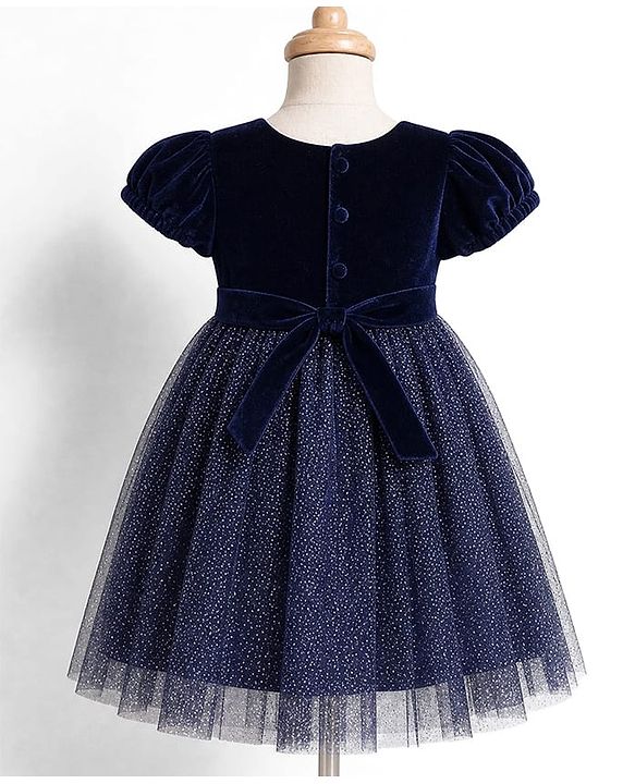 Babyhug Woven Solid Velour York and Foil Printed Mesh Half Puff Sleeves Party Dress with Corsage Bow - Navy Blue
