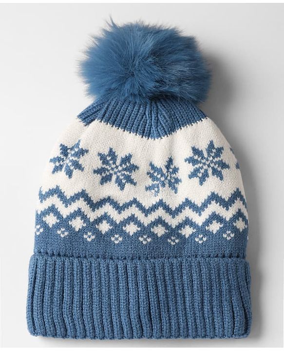 Babyhug Knit Woollen Pom Pom Cap With Geometric Design Blue - Diameter 11 cm