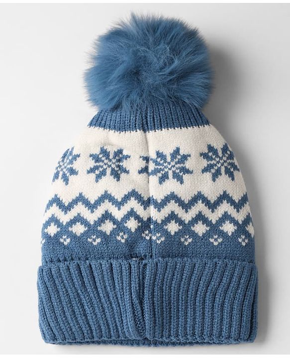 Babyhug Knit Woollen Pom Pom Cap With Geometric Design Blue - Diameter 11 cm