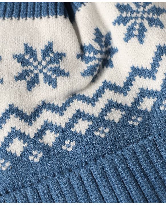Babyhug Knit Woollen Pom Pom Cap With Geometric Design Blue - Diameter 11 cm