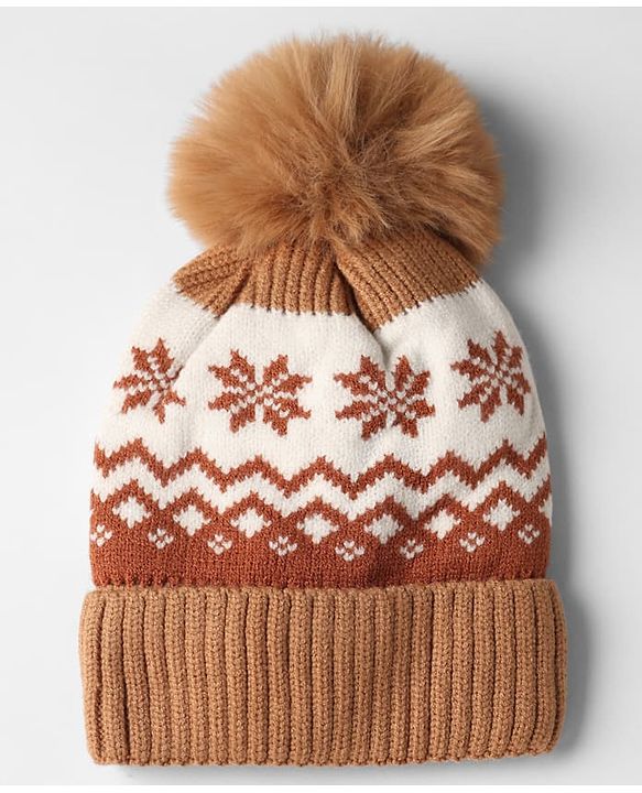Babyhug Knit Woollen Pom Pom Cap With Geometric Design Beige - Diameter 11 cm