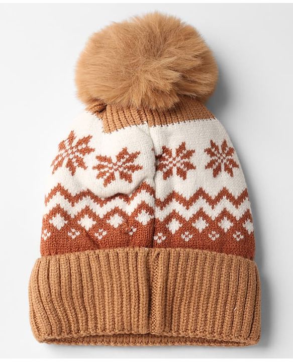 Babyhug Knit Woollen Pom Pom Cap With Geometric Design Beige - Diameter 11 cm
