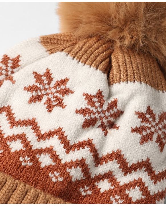 Babyhug Knit Woollen Pom Pom Cap With Geometric Design Beige - Diameter 11 cm