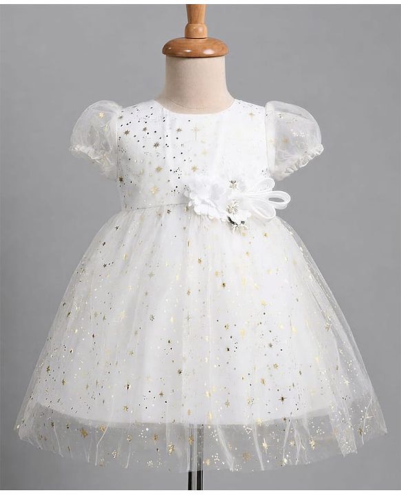 Babyhug Mesh Woven Foil Printed and Puff Sleeves Party Dress with Corsage  - White