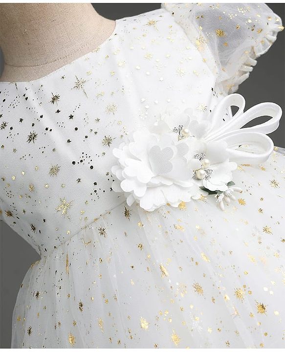 Babyhug Mesh Woven Foil Printed and Puff Sleeves Party Dress with Corsage  - White