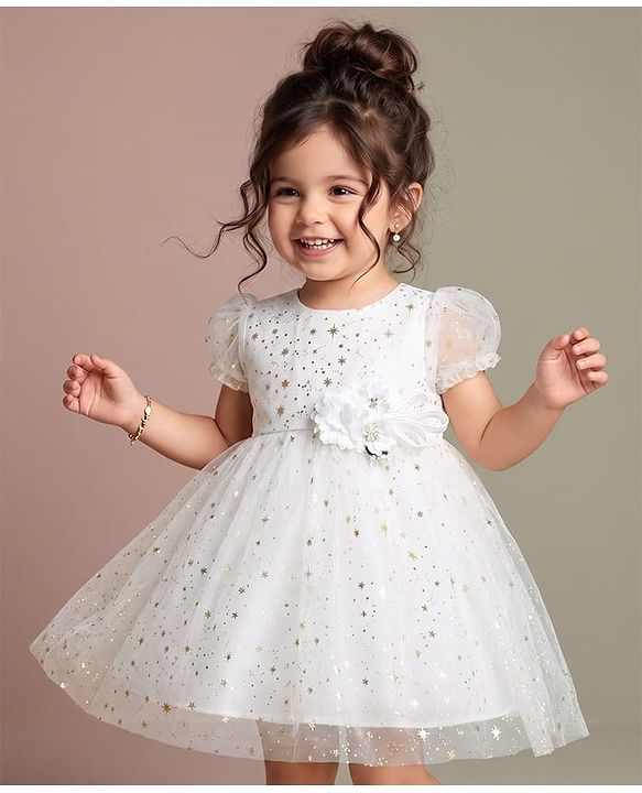 Babyhug Mesh Woven Foil Printed and Puff Sleeves Party Dress with Corsage  - White
