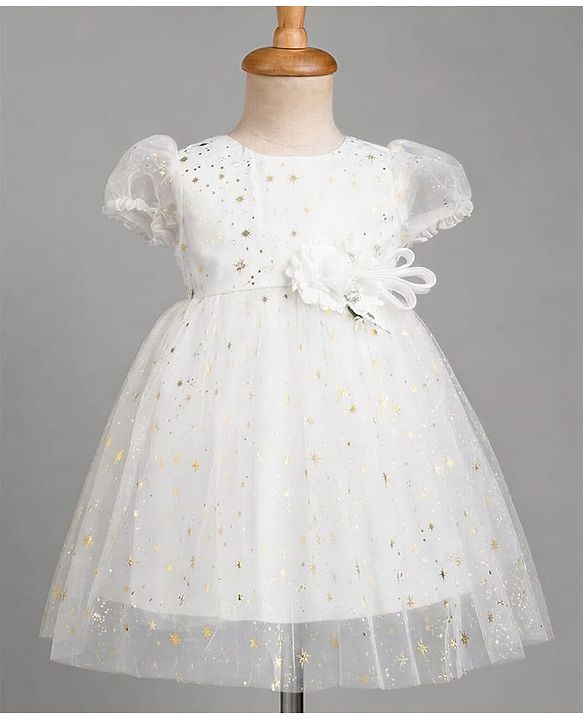 Babyhug Mesh Woven Foil Printed and Puff Sleeves Party Dress with Corsage  - White