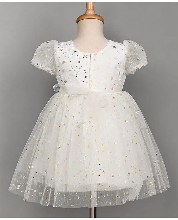 Babyhug Mesh Woven Foil Printed and Puff Sleeves Party Dress with Corsage  - White
