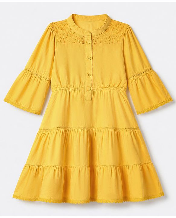 Pine Kids Rayon Woven Half Sleeves One Piece Dress -Yellow