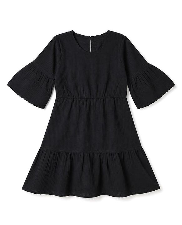 Pine Kids Cotton Woven Half Sleeves Knee Length Solid Frock - Black