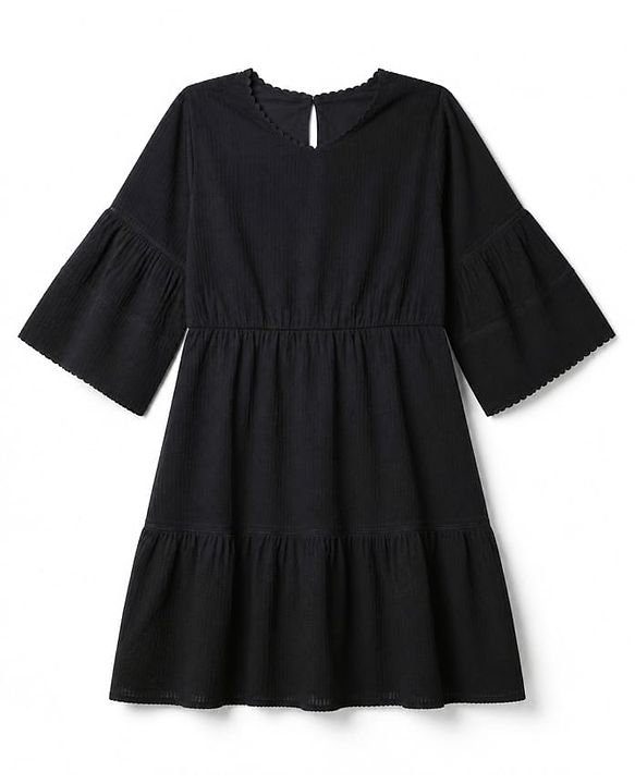 Pine Kids Cotton Woven Half Sleeves Knee Length Solid Frock - Black
