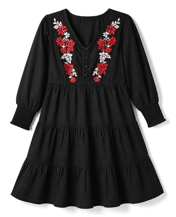 Pine Kids Poplin Fit and Flare Frock with Full Sleeves and Floral Embroidery in Black