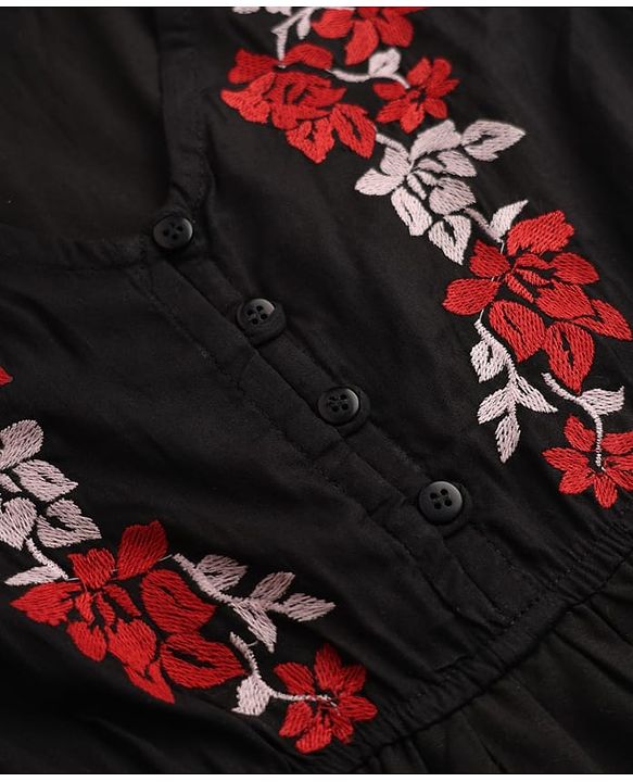 Pine Kids Poplin Fit and Flare Frock with Full Sleeves and Floral Embroidery in Black