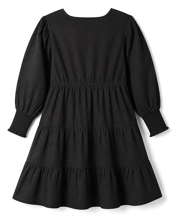 Pine Kids Poplin Fit and Flare Frock with Full Sleeves and Floral Embroidery in Black