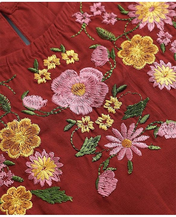 Pine Kids Woven Dress with Half Sleeves, Flutter Sleeves and Floral Embroidery in Red for 4-5 Years