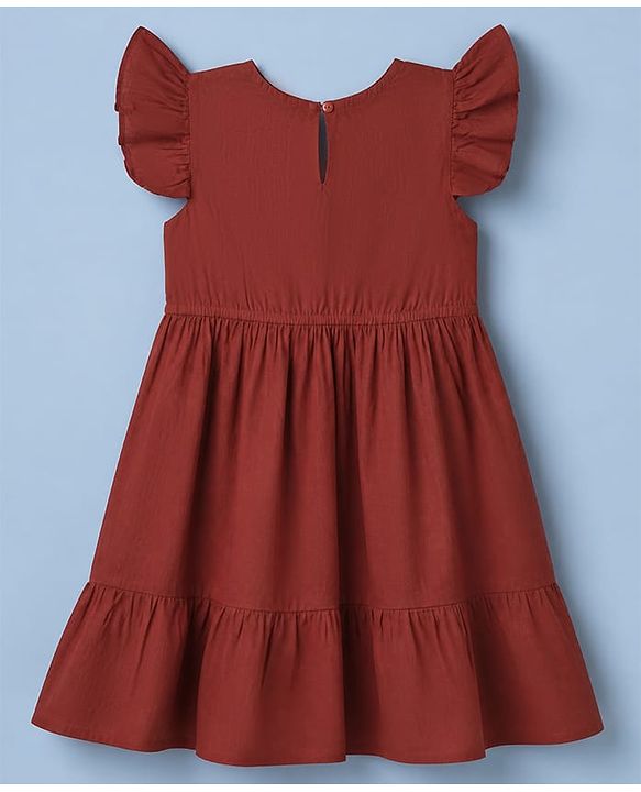 Pine Kids Woven Dress with Half Sleeves, Flutter Sleeves and Floral Embroidery in Red for 4-5 Years