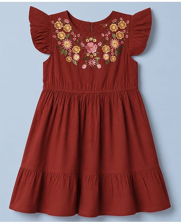 Pine Kids Woven Dress with Half Sleeves, Flutter Sleeves and Floral Embroidery in Red for 4-5 Years
