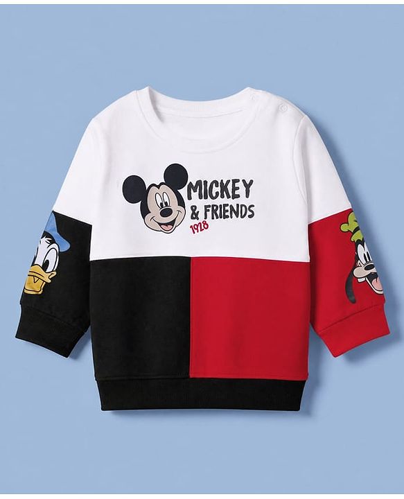 Babyhug Disney 100% Cotton Terry Knit Full Sleeves Sweatshirt and Pant Mickey Mouse Print in White