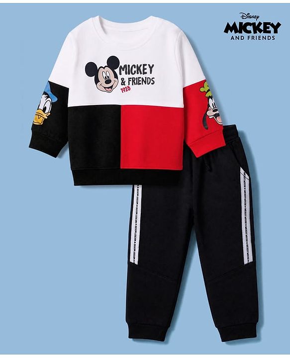 Babyhug Disney 100% Cotton Terry Knit Full Sleeves Sweatshirt and Pant Mickey Mouse Print in White