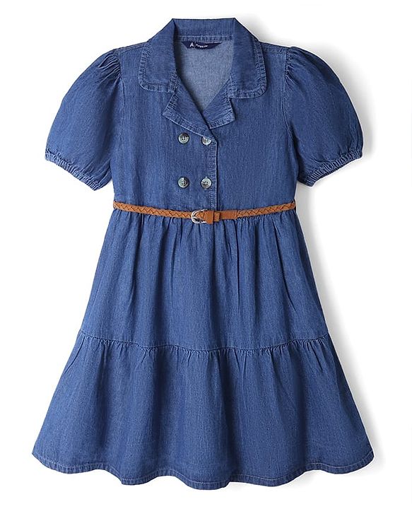 Pine Kids 100% Cotton Woven Half Puffed Sleeves Collared Denim Tiered Frock with Belt - Navy Blue