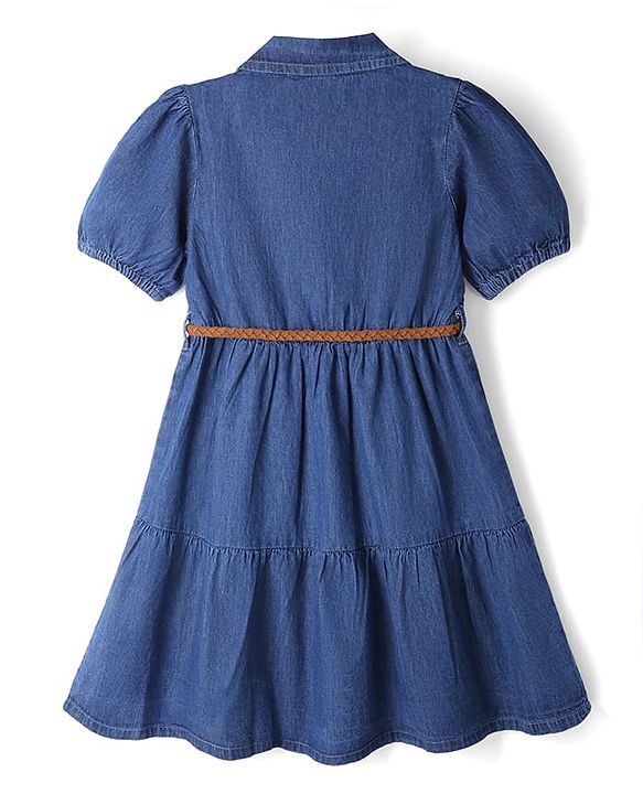 Pine Kids 100% Cotton Woven Half Puffed Sleeves Collared Denim Tiered Frock with Belt - Navy Blue