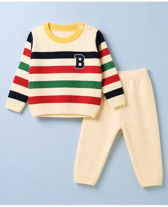 Babyhug Knit Full Sleeves Striped Sweater Set with B patch - Cream