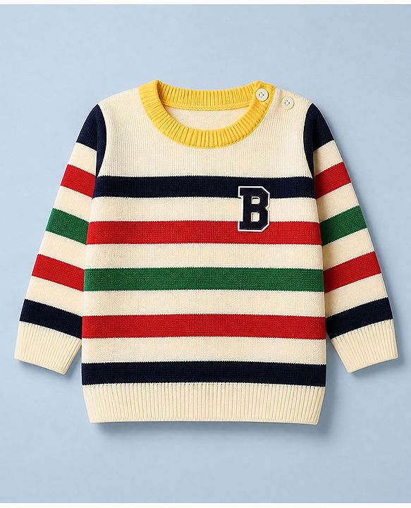 Babyhug Knit Full Sleeves Striped Sweater Set with B patch - Cream