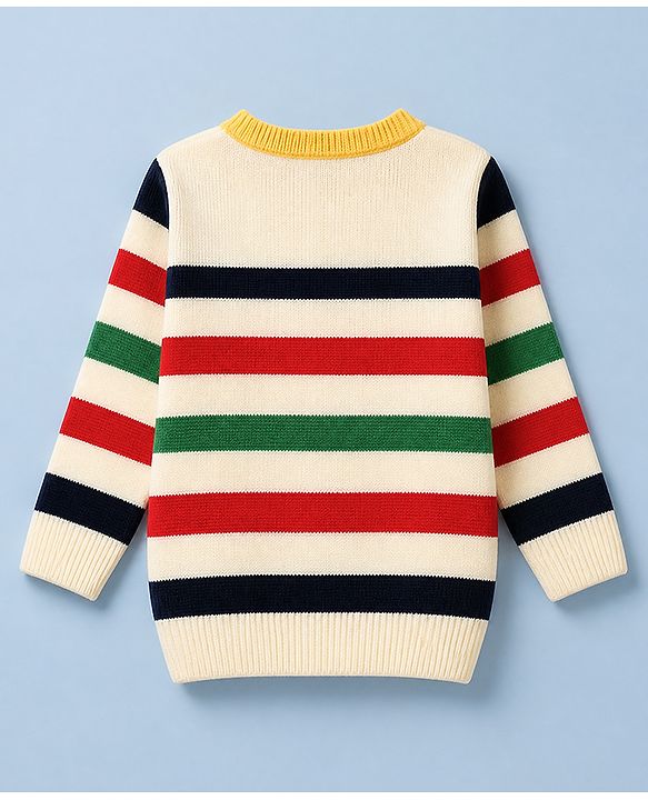 Babyhug Knit Full Sleeves Striped Sweater Set with B patch - Cream