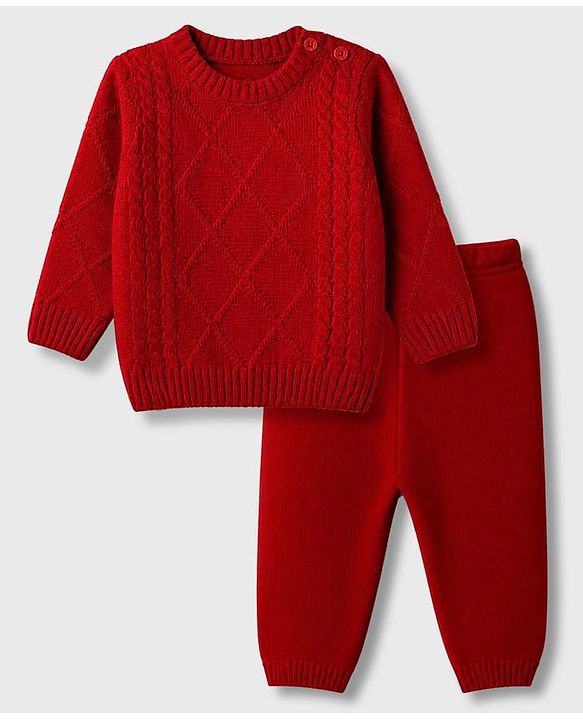 Babyhug Knit Full Sleeves Sweater and Pant Set with Cable Knit - Red