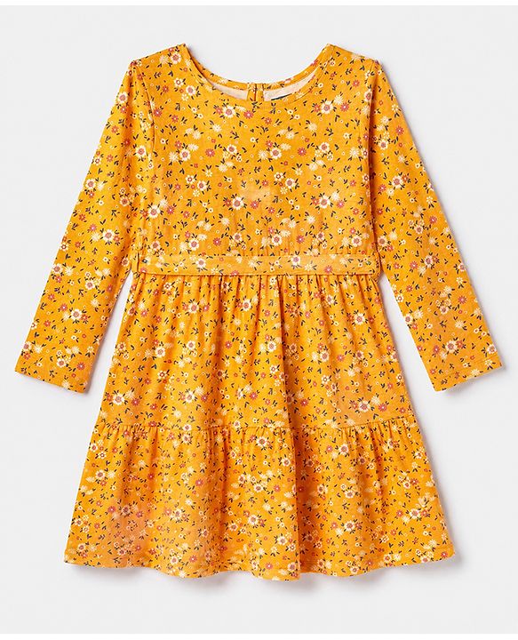Pine Kids 100% Cotton Knit Full Sleeves Fit & Flare Tiered Dress with Belt and Floral Print - Orange