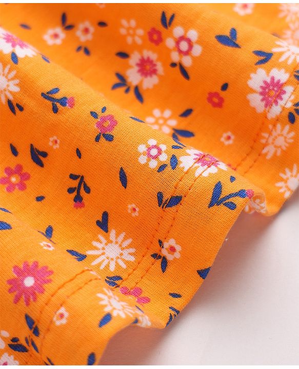 Pine Kids 100% Cotton Knit Full Sleeves Fit & Flare Tiered Dress with Belt and Floral Print - Orange