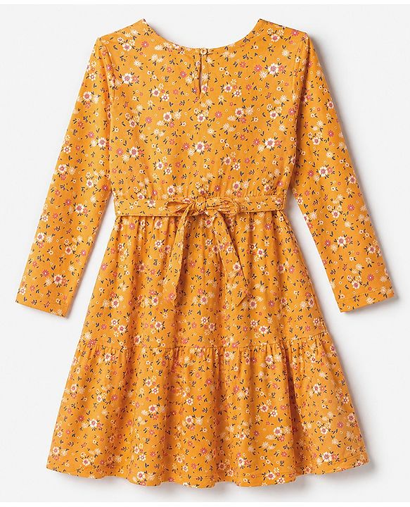 Pine Kids 100% Cotton Knit Full Sleeves Fit & Flare Tiered Dress with Belt and Floral Print - Orange