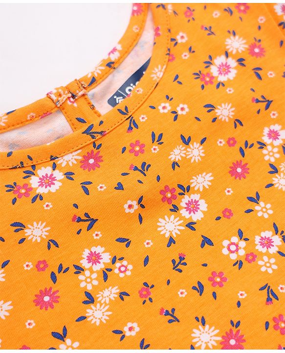 Pine Kids 100% Cotton Knit Full Sleeves Fit & Flare Tiered Dress with Belt and Floral Print - Orange