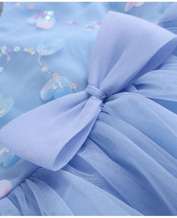 Babyhug Solid Mesh Woven Sequined Embroidery Sleeveless Party Dress with Bow Applique - Blue