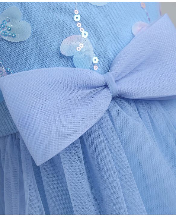 Babyhug Solid Mesh Woven Sequined Embroidery Sleeveless Party Dress with Bow Applique - Blue