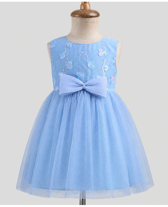 Babyhug Solid Mesh Woven Sequined Embroidery Sleeveless Party Dress with Bow Applique - Blue