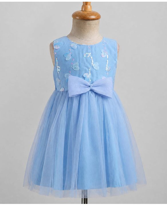 Babyhug Solid Mesh Woven Sequined Embroidery Sleeveless Party Dress with Bow Applique - Blue