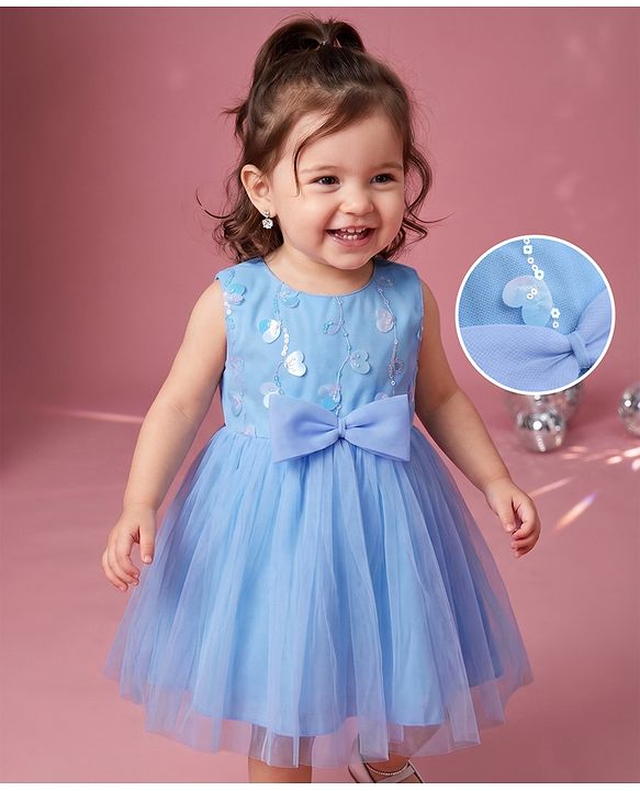 Babyhug Solid Mesh Woven Sequined Embroidery Sleeveless Party Dress with Bow Applique - Blue