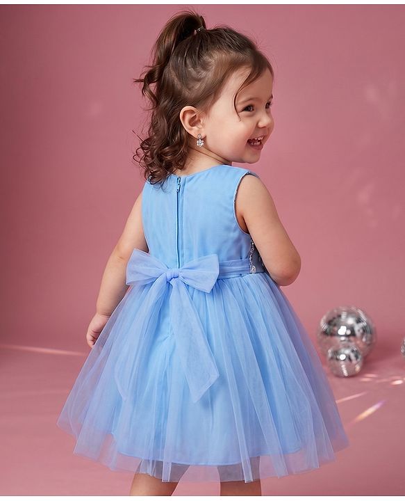 Babyhug Solid Mesh Woven Sequined Embroidery Sleeveless Party Dress with Bow Applique - Blue
