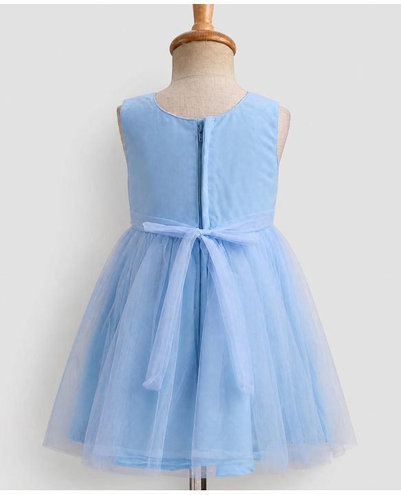 Babyhug Solid Mesh Woven Sequined Embroidery Sleeveless Party Dress with Bow Applique - Blue
