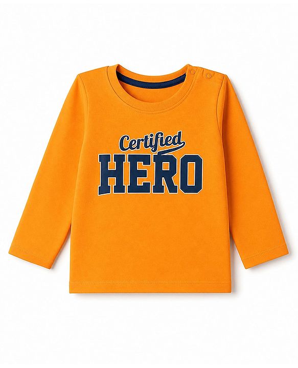Babyhug 100% Cotton Knit T-Shirt with Full Sleeves and Certified Hero Print - Orange