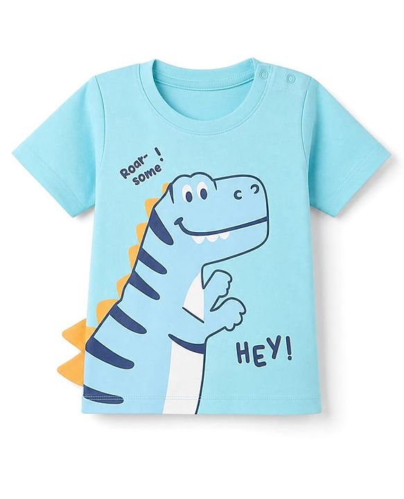 Babyhug 100% Cotton Knit T-Shirt with Half Sleeves and Dinosaur Print - Sky Blue