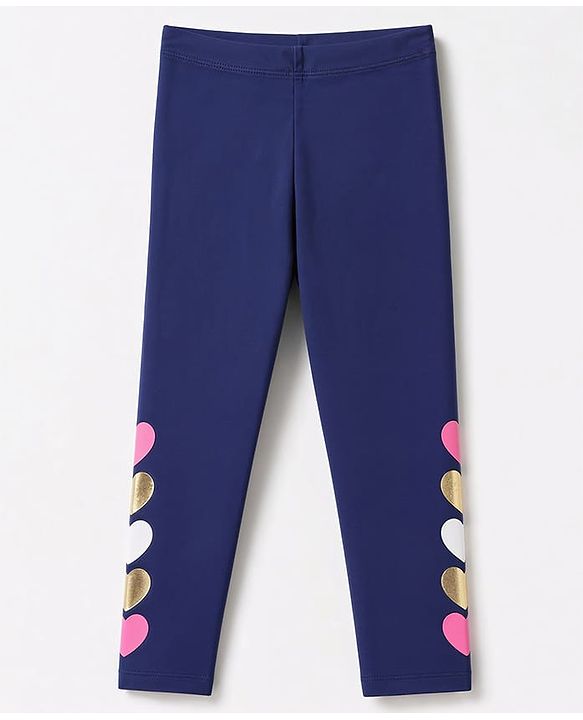 Pine Kids Cotton Lycra Knit Full Length Leggings With Heart Print - Navy Blue