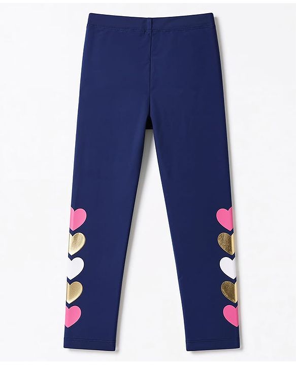 Pine Kids Cotton Lycra Knit Full Length Leggings With Heart Print - Navy Blue