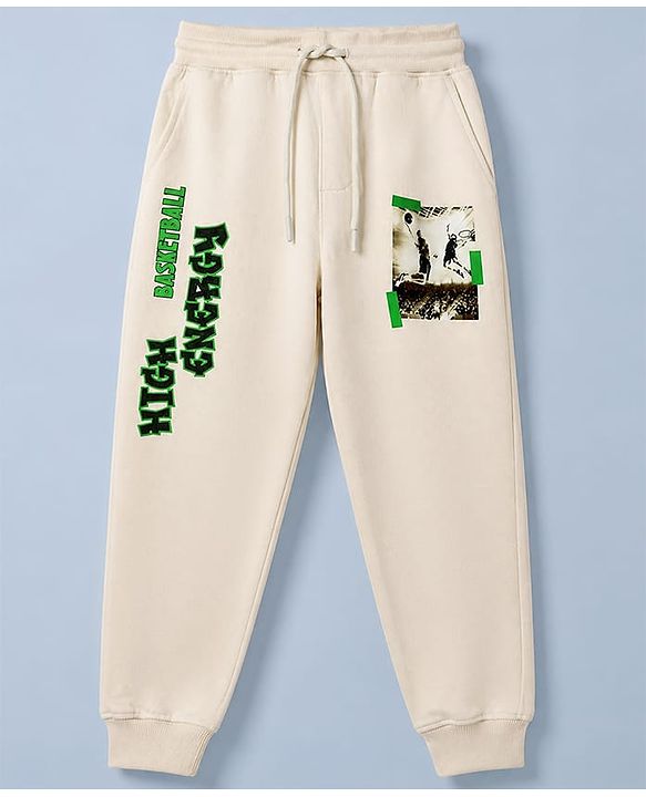 Pine Kids Cotton Mix Knit Full Length Track Pant with Basketball Text in Ivory