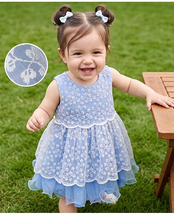 Babyhug Mesh Woven Sleeveless Party Frock With Floral Embroidery - Blue