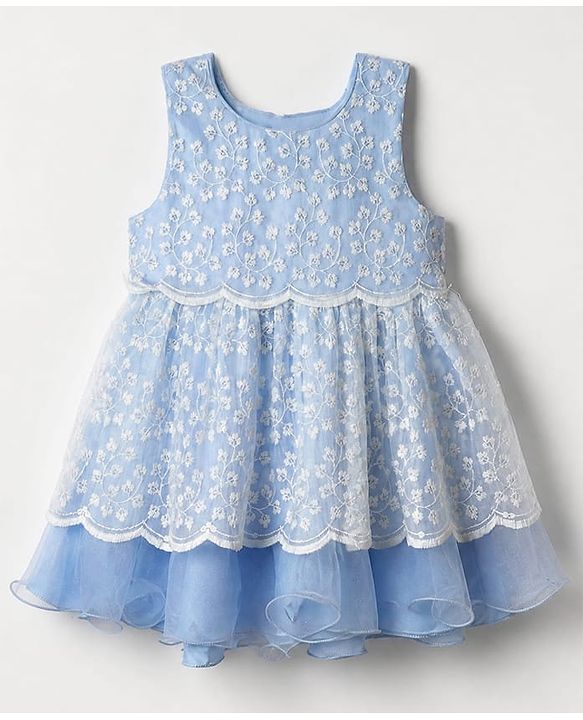 Babyhug Mesh Woven Sleeveless Party Frock With Floral Embroidery - Blue