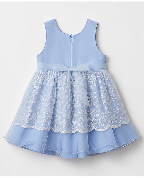 Babyhug Mesh Woven Sleeveless Party Frock With Floral Embroidery - Blue
