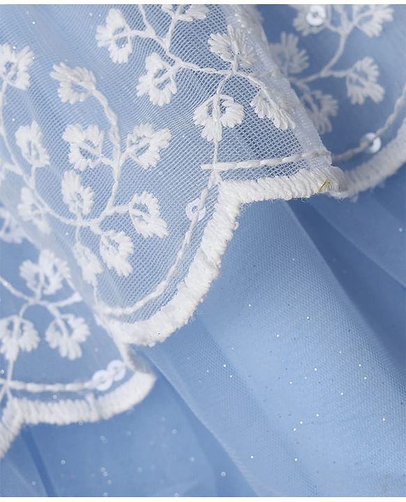 Babyhug Mesh Woven Sleeveless Party Frock With Floral Embroidery - Blue